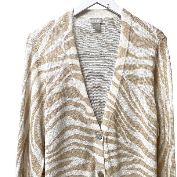 CHICO'S Linen Blend Cardigan Size XL (Chico's 3) Beige Zebra Sweater NWT - Picture 2 of 10